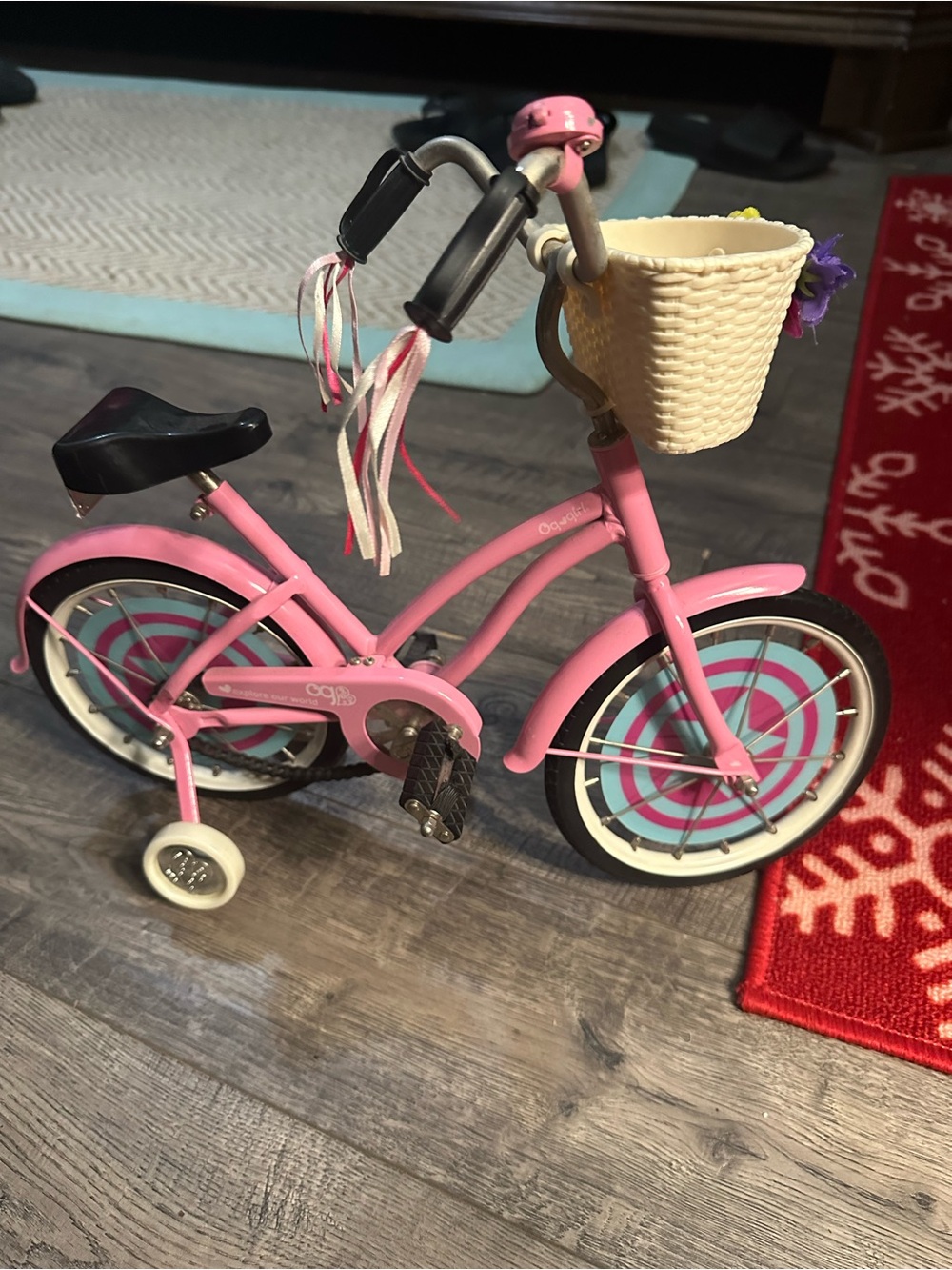 Pink Toy Bicycle with Woven Front Basket and Streamer Accents